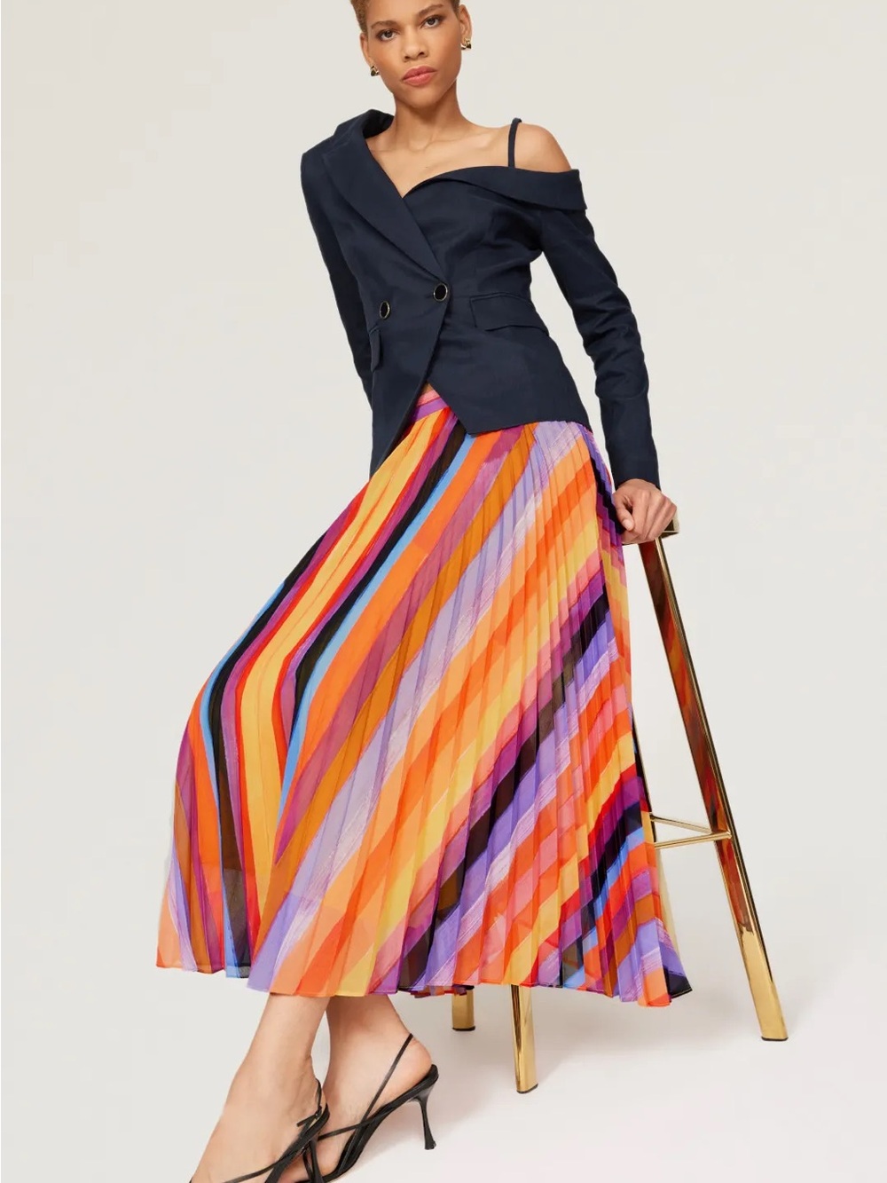 Milly 6 Designer Multicolor Stripe Midi Boho Flowy A Line Fall Office Preppy